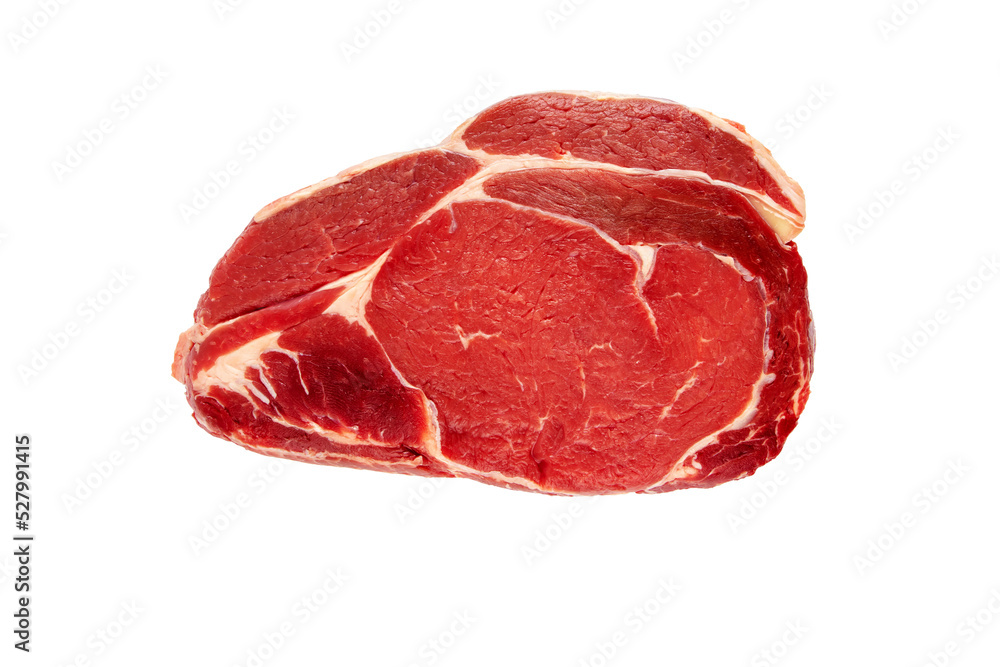 Juicy raw meat cut. Beef entrecote slice isolated transparent png.