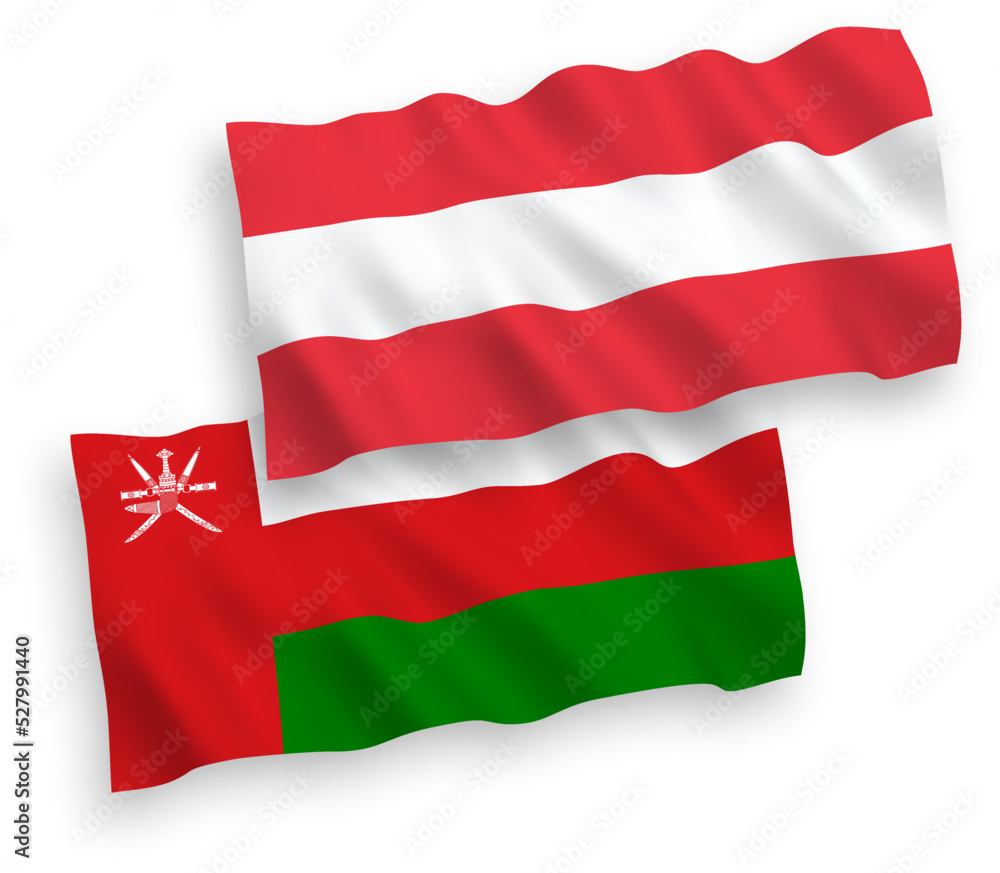 National vector fabric wave flags of Austria and Sultanate of Oman isolated on white background. 1 to 2 proportion. National vector fabric wave flags of Austria and Sultanate of Oman isolated on white background. 1 to 2 proportion.