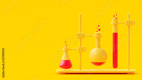 Scientific Equipment or glassware mock-up. Test tube with flask with Erlenmeyer yellow and red color. can be used in education, science industry background. Designed in minimal concept.3D Render.