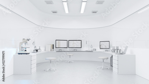 Scientific laboratory white room. can be used in education, science industry background. Designed in minimal concept.3D Render.