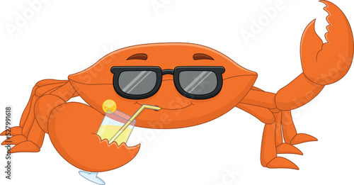 cartoon cute crab drinking and wearing sunglasses