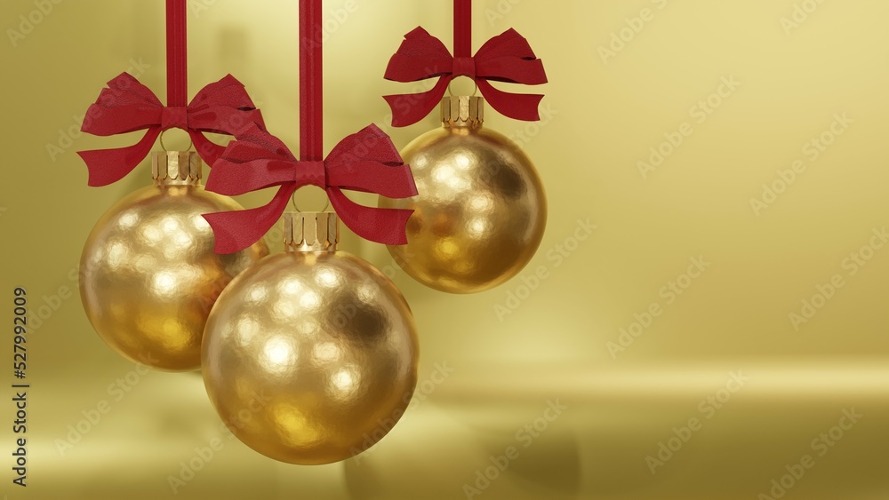 Happy New Year postcard with golden christmas balls, space for text, 3D rendering Happy New Year postcard with golden christmas balls, space for text, 3D rendering