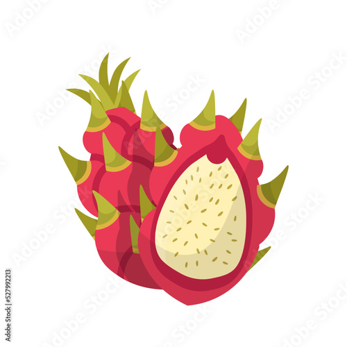 Dragon fruit, whole red exotic pitaya or pitahaya fruit and cut in half with ripe texture