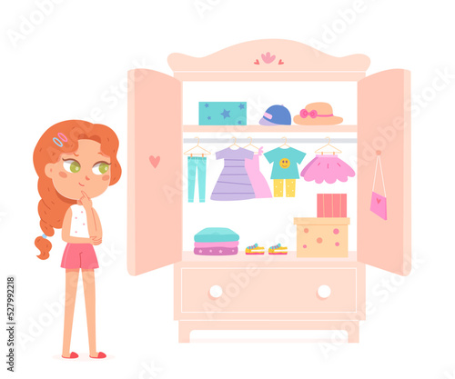 Cute girl choosing dress for fashion outfit in pink wardrobe vector illustration. Cartoon kid standing and choosing clothes in closet with open door, garderobe organization of child