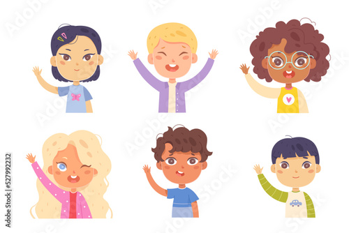 Children with hands up set, cute kids waving for saying bye or hello, happy pupils