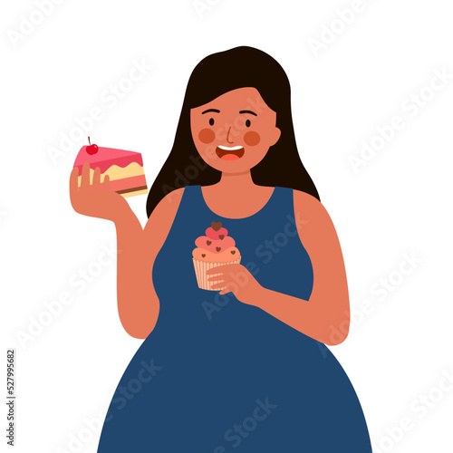 Fat woman eating sweet dessert in flat design on white background. Female eating sugar.