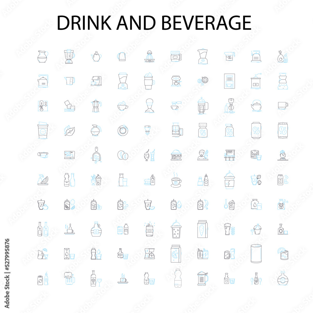 drink and beverage icons, signs, outline symbols, concept linear illustration line collection