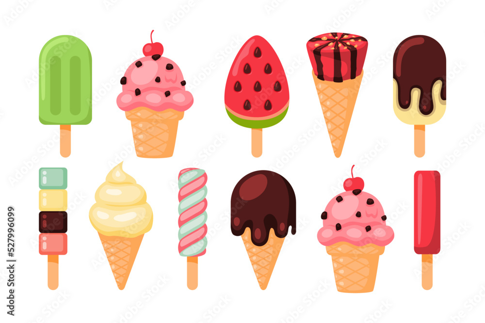 Set of tasty ice creams. Sweet summer delicacy sundaes,gelatos with different tasties,collection isolated ice-cream cones and popsicle with different topping.Melting ice cream balls in the waffle cone Set of tasty ice creams. Sweet summer delicacy sundaes,gelatos with different tasties,collection isolated ice-cream cones and popsicle with different topping.Melting ice cream balls in the waffle cone