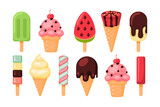 Set of tasty ice creams. Sweet summer delicacy sundaes,gelatos with different tasties,collection isolated ice-cream cones and popsicle with different topping.Melting ice cream balls in the waffle cone