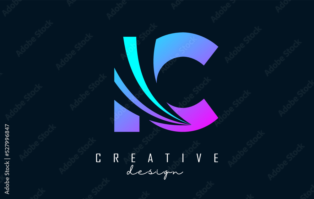 Creative colorful letters IC c b logo with leading lines and road ...