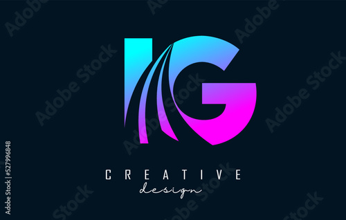 Creative colorful letters IG c g logo with leading lines and road concept design. Letters with geometric design.