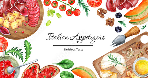 Italian appetizers banner. Antipasto watercolor photo