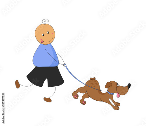 Vector illustration of a cartoon child character walking a dog. Caricature. Isolated on white background.