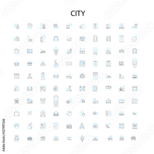 city icons, signs, outline symbols, concept linear illustration line collection