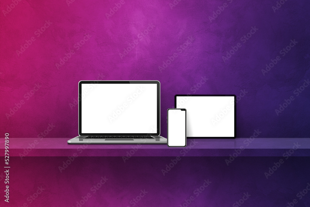Laptop, mobile phone and digital tablet pc on purple wall shelf. Horizontal background Laptop, mobile phone and digital tablet pc on purple wall shelf. Horizontal background