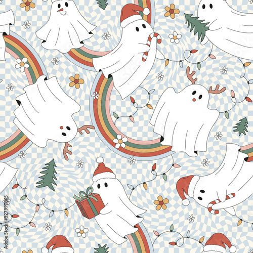 Retro 70s 60s Hippie Groovy Christmas Ghost Flower Rainbow Garland vector seamless pattern. Xmas Floral Santa Reindeer Snowman spook checkerboard background. Trippy dancing ghosts surface design.