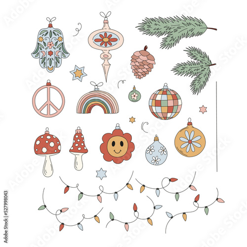 Xmas tree toys ornaments garland bauble peace sign rainbow mushroom retro 60s 70s vector illustration set isolated on white. Hippie Groovy Christmas decorations print collection holiday season decor.