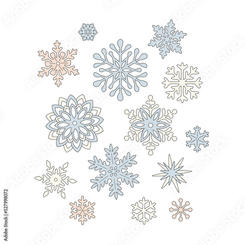 Hippie Groovy Christmas snowflakes vector illustration set isolated on white. Retro 60s 70s Winter wonderland flakes of snow print collection for Xmas holiday season decor and card making.