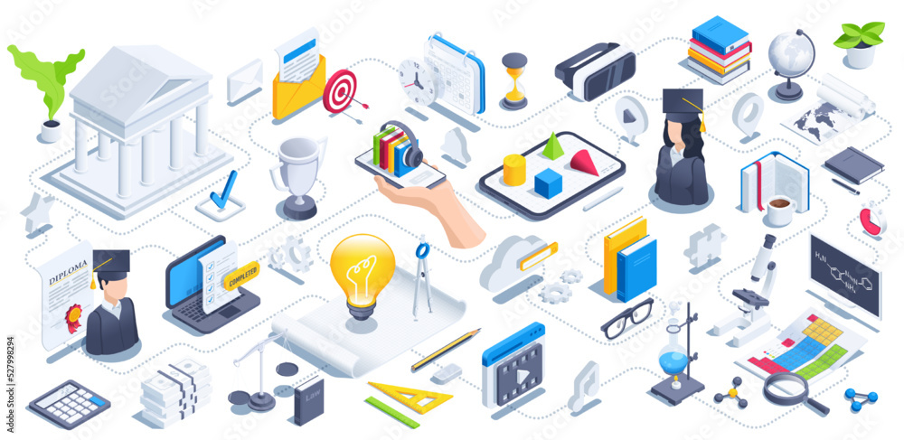 isometric vector illustration on a white background, a concept on the topic of education, a set of icons of books and gadgets for study, people in bachelor's caps and a cup with a light bulb