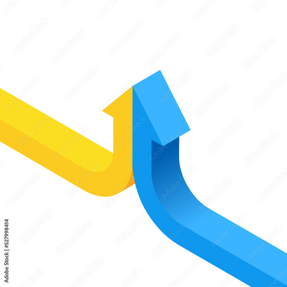isometric vector illustration on a white background, yellow and blue arrows unite into one, unity and integrity isometric vector illustration on a white background, yellow and blue arrows unite into one, unity and integrity