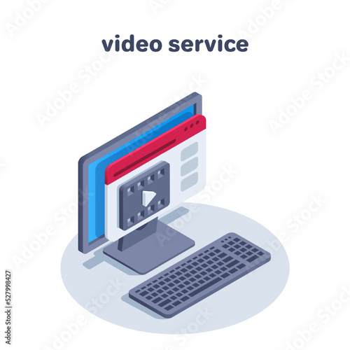 isometric vector illustration isolated on white background, computer with browser program window, video service or video hosting