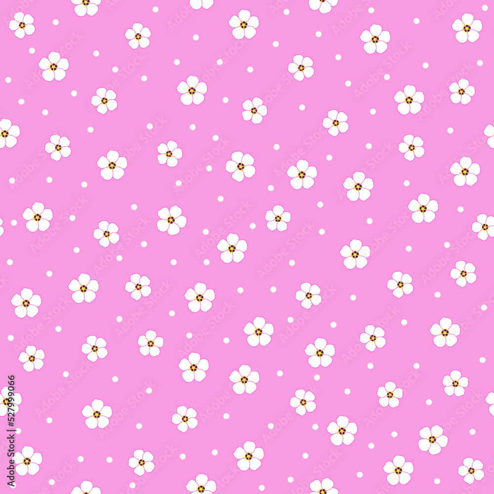 white floral print. flower seamless pattern. ditsy daisy and white polka dots pink background. good for fabric, textile, wallpaper, backdrop, fashion. 