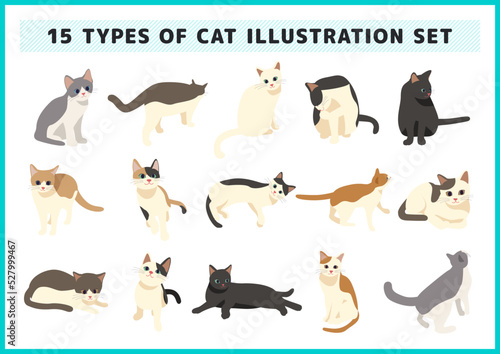 さまざまなポーズをした可愛い猫のイラスト素材セット