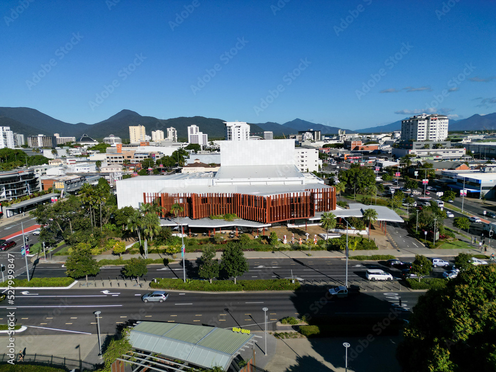 Aerial photo of Preforming arts centre with mountains and bue sky background