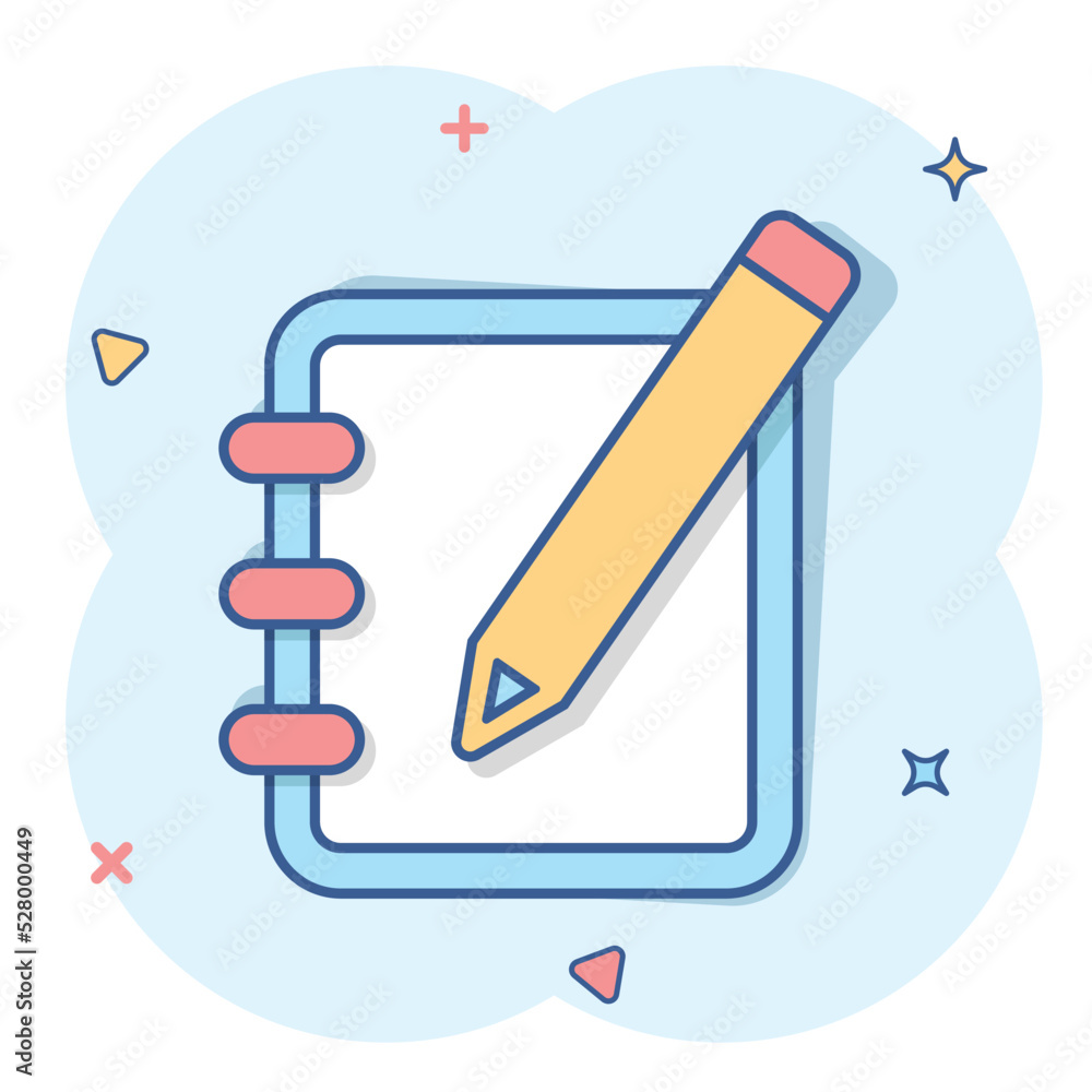 Vector cartoon notepad edit document with pencil icon in comic style. Notepad concept illustration pictogram. Document business splash effect concept. Vector cartoon notepad edit document with pencil icon in comic style. Notepad concept illustration pictogram. Document business splash effect concept.