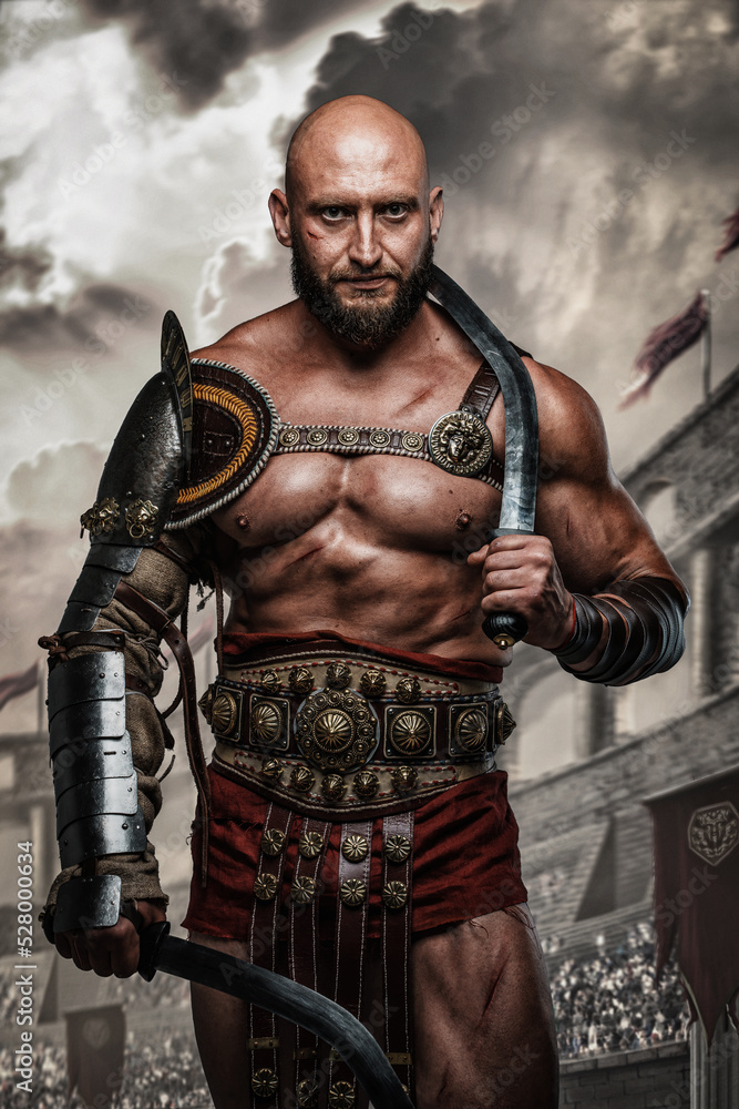 Portrait of arena fighter from ancient rome with naked torso and swords in coliseum. Portrait of arena fighter from ancient rome with naked torso and swords in coliseum.