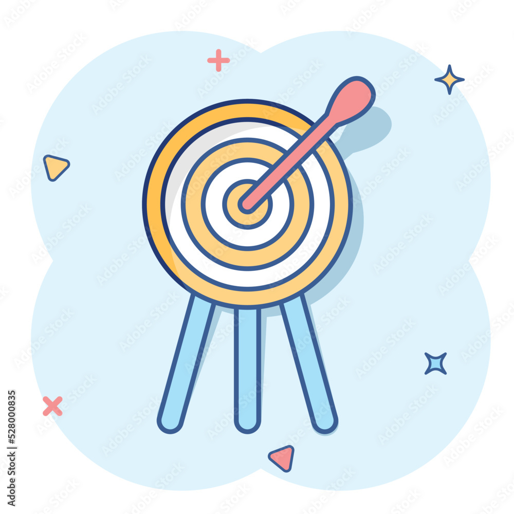 Vector cartoon target aim icon in comic style. Darts game illustration pictogram. Dartboard sport target business splash effect concept. Vector cartoon target aim icon in comic style. Darts game illustration pictogram. Dartboard sport target business splash effect concept.