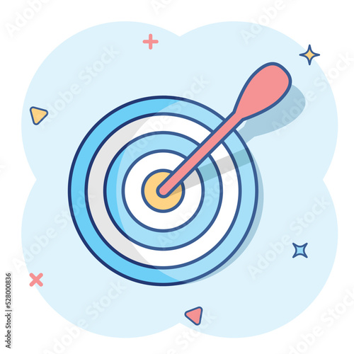 Vector cartoon target aim icon in comic style. Darts game illustration pictogram. Dartboard sport target business splash effect concept.