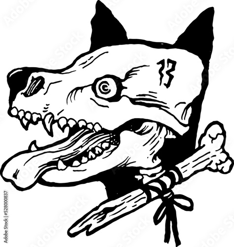 Dog head zombie. Dogs skeleton profile. Detailed drawing of hounds face bone with teeth, fangs. Outlined sketch of dead canine animal. Drawn vector illustration isolated on white background