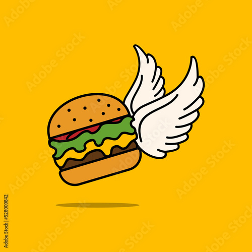 flying burger logo for restaurant, streetfood, fast burger with wings logo