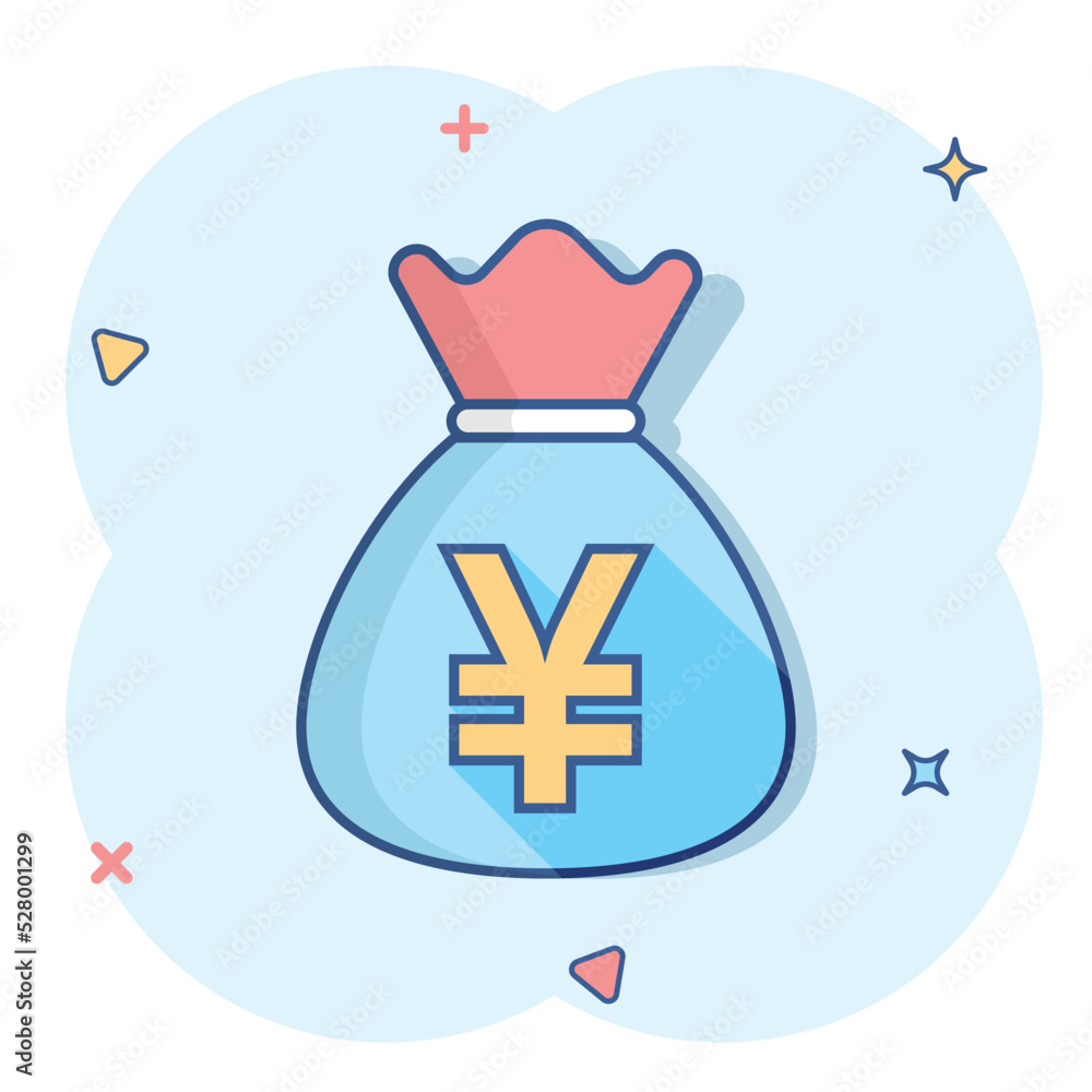 Vector cartoon yen, yuan bag money currency icon in comic style. Yen coin sack concept illustration pictogram. Asia money business splash effect concept. Vector cartoon yen, yuan bag money currency icon in comic style. Yen coin sack concept illustration pictogram. Asia money business splash effect concept.
