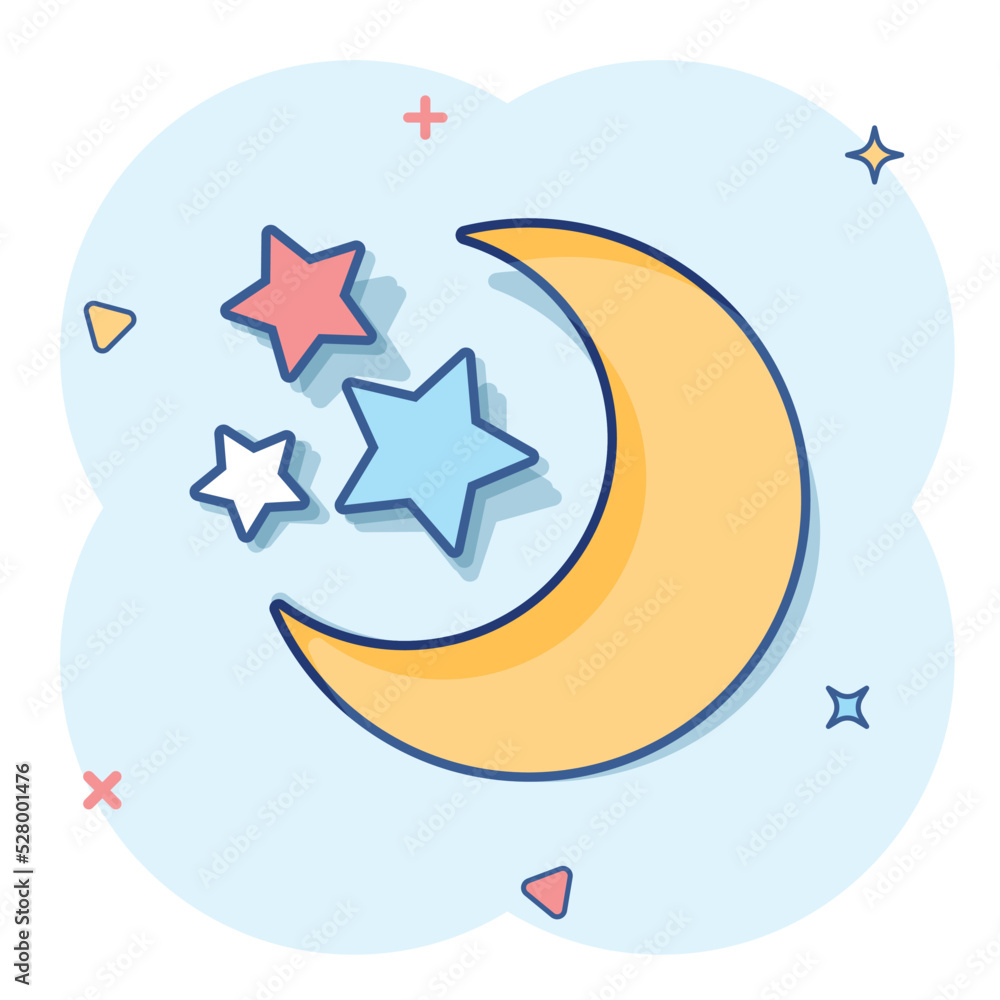 Vector cartoon nighttime moon and stars icon in comic style. Lunar night concept illustration pictogram. Moon business splash effect concept. Vector cartoon nighttime moon and stars icon in comic style. Lunar night concept illustration pictogram. Moon business splash effect concept.