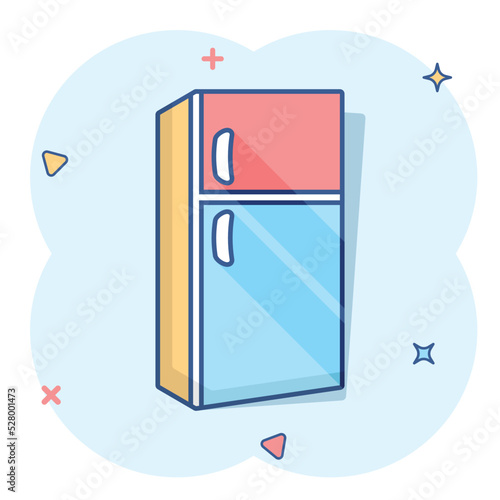 Fridge refrigerator icon in comic style. Freezer container vector cartoon illustration pictogram splash effect.