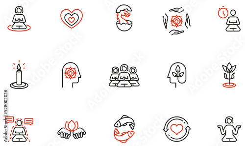Vector Set of Linear Icons Related to Harmony, Meditation Classes, Relax and Self-Care. Mono line pictograms and infographics design elements