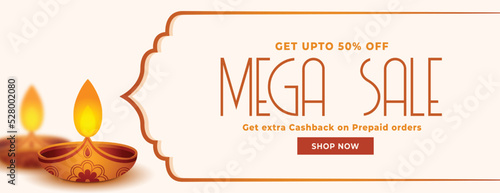 mega sale diwali banner with offer details and isolated diya design