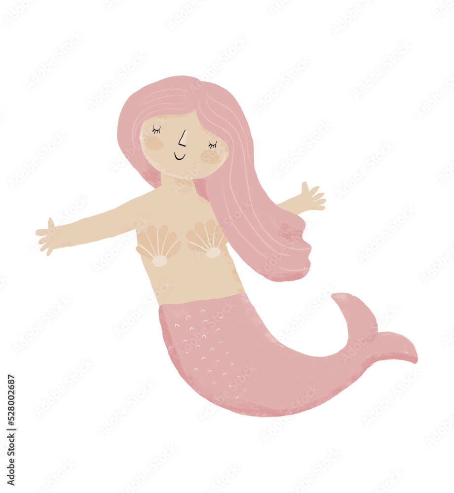 Cute Little Mermaid. Lovely Hand Drawn Nursery Vector Art with Happy Siren with Pastel Pink Hair and Fish Tail on a White Background. Girly Party Print ideal for Card, Invitation, Poster, Wall Art. Cute Little Mermaid. Lovely Hand Drawn Nursery Vector Art with Happy Siren with Pastel Pink Hair and Fish Tail on a White Background. Girly Party Print ideal for Card, Invitation, Poster, Wall Art.