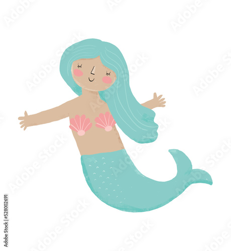Cute Little Mermaid. Lovely Hand Drawn Nursery Vector Art with Happy Siren with Mint Blue Hair and Fish Tail on a White Background. Girly Party Print ideal for Card, Invitation, Poster, Wall Art.