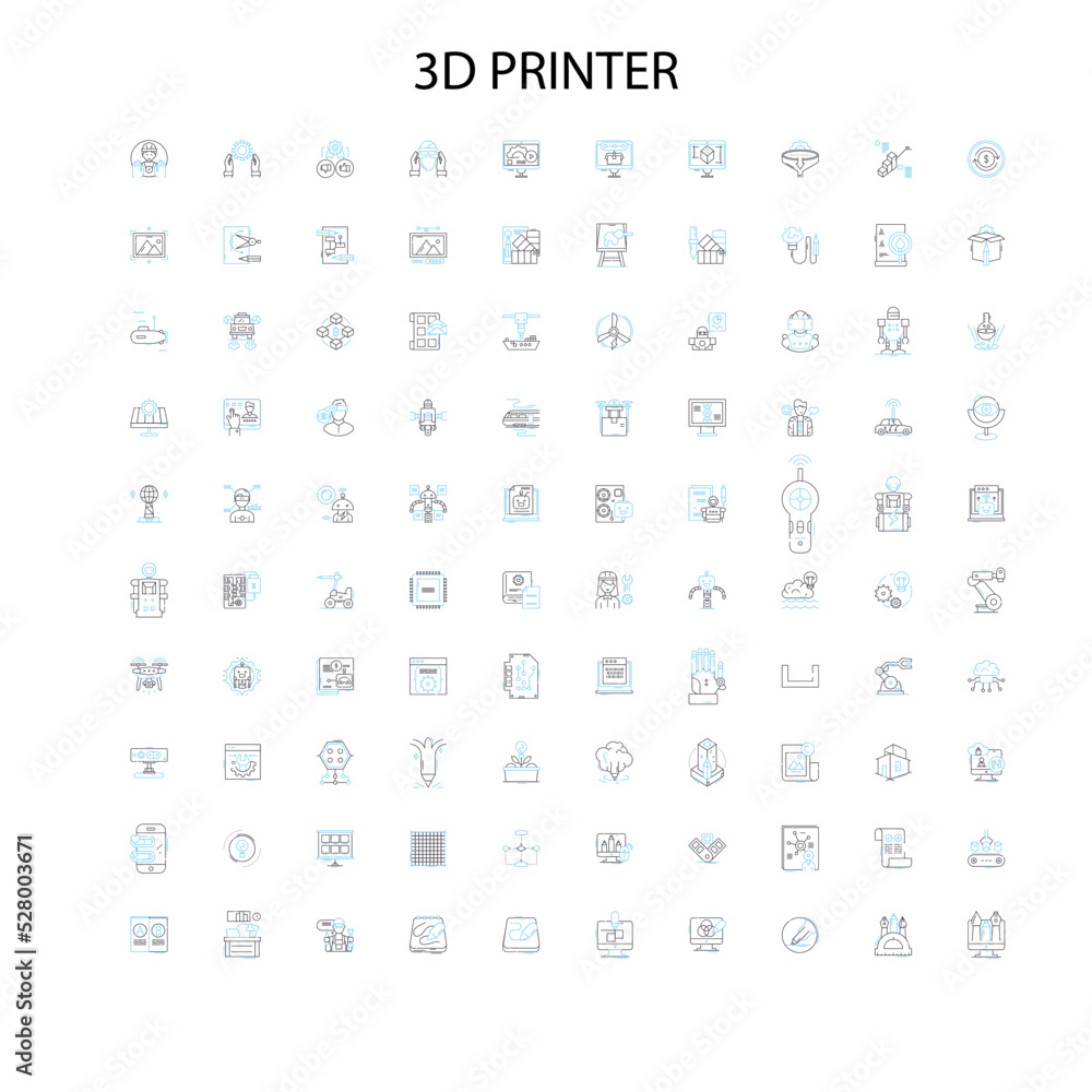 3d printer icons, signs, outline symbols, concept linear illustration line collection 3d printer icons, signs, outline symbols, concept linear illustration line collection