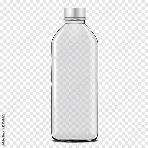 Clear empty glass bottle with white plastic screw cap on transparent background realistic vector mockup. Liquid product packaging mock-up