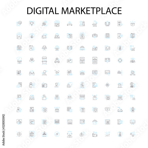 digital marketplace icons, signs, outline symbols, concept linear illustration line collection