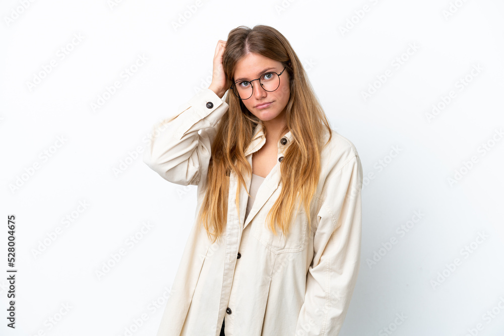 Young blonde woman isolated on white background with an expression of frustration and not understanding Young blonde woman isolated on white background with an expression of frustration and not understanding