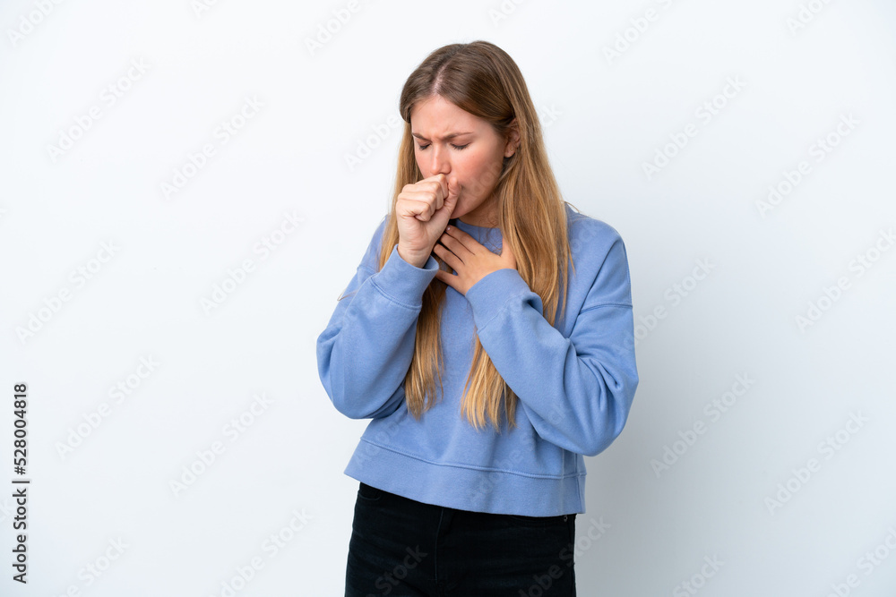 Young blonde woman isolated on white background coughing a lot Young blonde woman isolated on white background coughing a lot