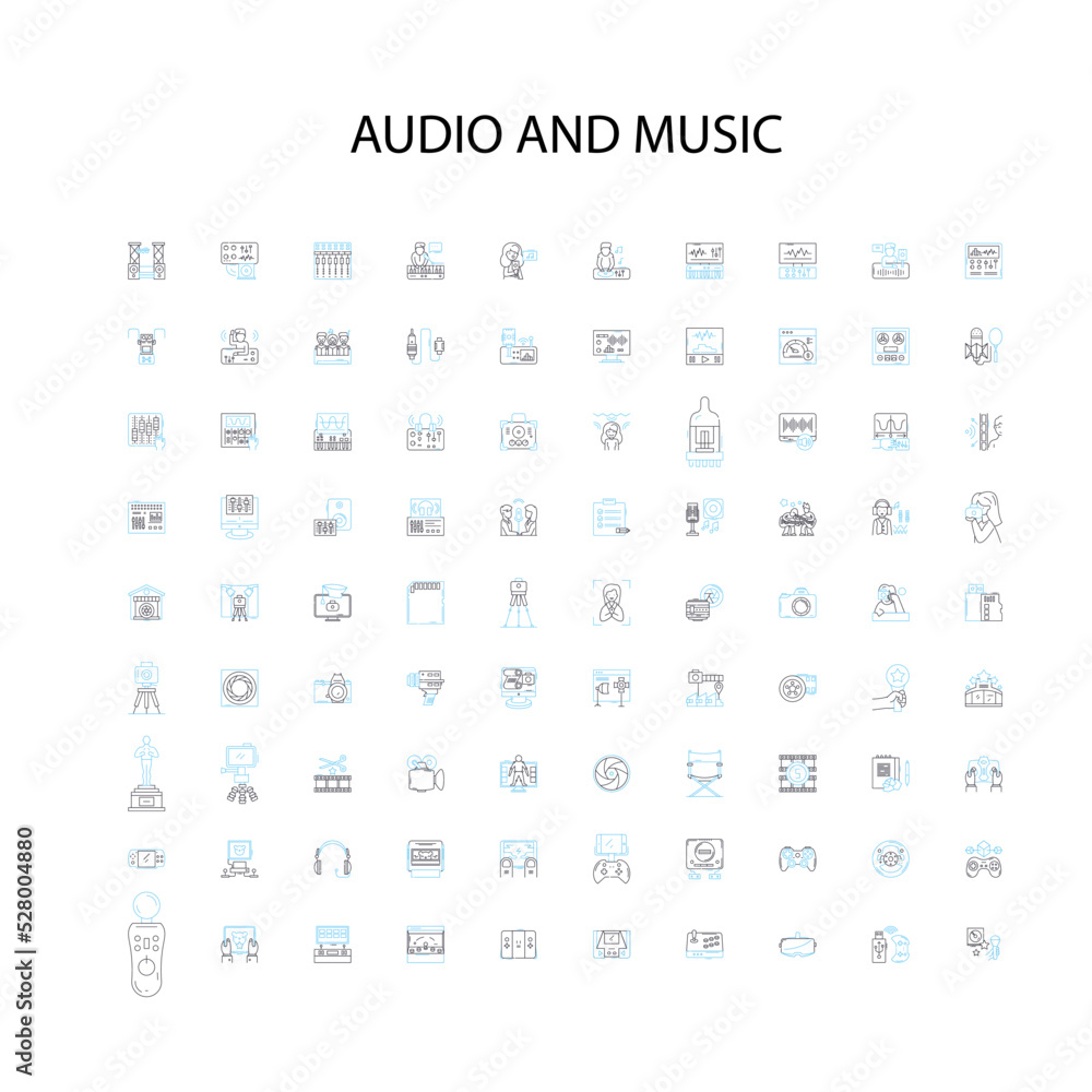 audio and music icons, signs, outline symbols, concept linear illustration line collection