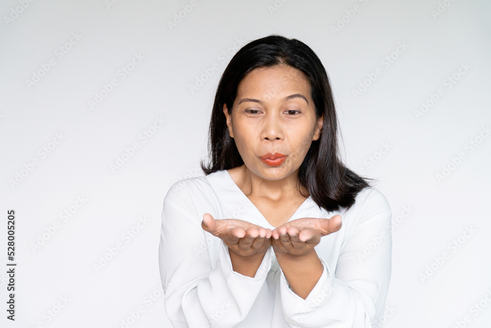 Business Woman Showing Her Hand With Excited Face on White background Business Woman Showing Her Hand With Excited Face on White background