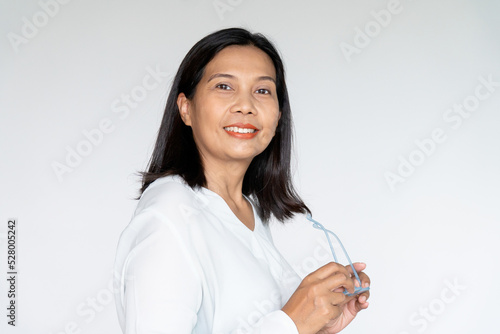 Business Woman Grab Her Glasses with Sincere Smiling on White background