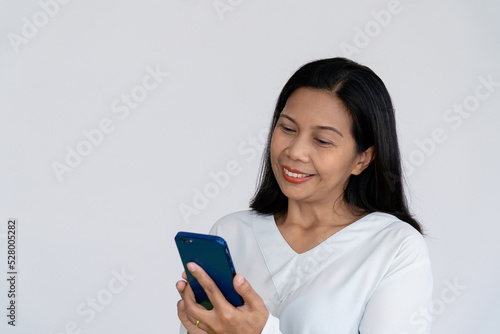 Business Woman Holding Smartphone in Her Hand With Sincere Smiling on White background